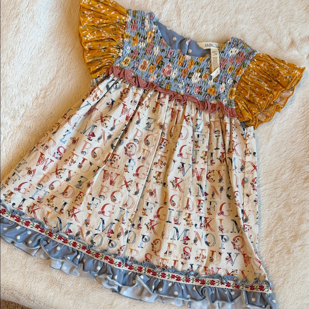 Matilda Jane Blue Floral Smocked Top with Mustard and Pink Accents